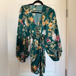 Simons Teal Floral Wrap Kimono Dress